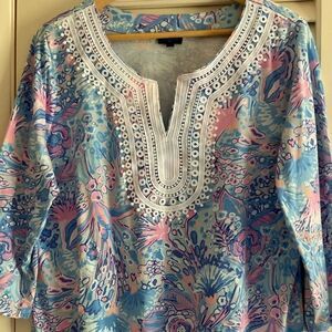 TALBOTS BLUE MULTI EMBROIDERED COTTON WOMAN TUNIC COVER UP SIZE US X​​